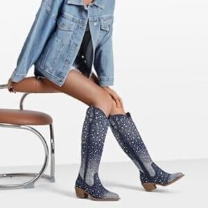 YAYONE Zipper Rhinestone Knee-High Western Boots